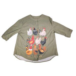 Shirt button up SZ Small Chickens Cotton linen blend green farmhouse cottagecore